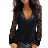 V Neck Lace Trim See Through Long Sleeve