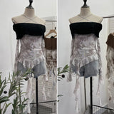 Fongt Shot Shoulder Cross Hanging Neck Knitting Mesh Yarn Coat Irregular Ribbon Horn Long-Sleeved T-Shirt 1101