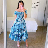 Fongt Spring And Summer New Women's Dress Prints The Shoulder Dress A Word Shoulder Fashion Swing