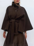 Fongt Women's Autumn And Winter New Fashion Pure Color Cape Collar Collar Belt Wind Coat