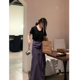 Fongt Summer New Relaxation Black Short-Sleeved T-Shirt Blouse High-Waist Purple Color Tying Strap A-Word Half-Dress Woman