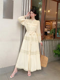 Fongt Wooden Ear Collar Buckle Tie With Long Hollow Lace Splicing French Bubble Sleeve Dress
