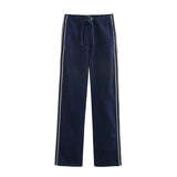 Fongt Women's INS Explosion Fashion Casual Splicing Striped With Denim Jacket + Trousers Set