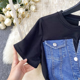 Fongt Net Red New Niche Round Collar Short Sleeve Splicing Denim Dress Women Senior Feel Waist-Wear Two Long Skirts