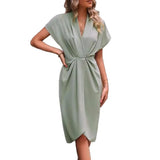Fongt V-Neck Temperament Elegant Irregular Sleeves Of Pure Color Bag Dress