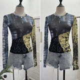 Fongt Tat Yarn Print Bottom Blouse Spliced Lace Long-Sleeved T-Shirt 22917