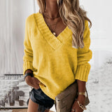 Fongt New Sweater Women's Autumn And Winter Solid Color V-Neck Long-Sleeved Knitted Shirt