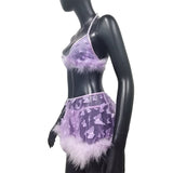 Two Pieces Feather Mini Skirts For Women Butterfly Perspective Mesh Feather Edge Sexy Suit Nightclub Party