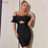 Celebrity Mini Black Ruffles Bandage Dress Outfits Sexy Hollow Out Off Shoulder Short Sleeve Evening Club Party Lady