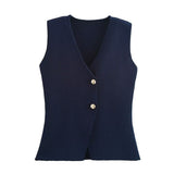 Fongt New Gold Button Knitted Vest Small Folding Splicing Skirt Set