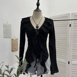 Fongt Wind To Make Old Hole Horn Long Sleeve Open Shirt Tie With Lotus Leaf Side V Collar Sunscreen Shirt 9280