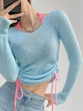 Autumn Winter y2k Clothes Women Pullover Sweater Long Sleeve T-shirts Side Pleated Lacing Simple Basic Solid Color