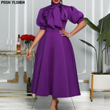 Long Summer Dress African Dresses For Women 2022 Elegant Bow tie Abaya Robe Longue Femme Casual Vestidos Short Sleeve
