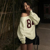 Number Printed One Shoulder Loose Sweatshirt-Outfit