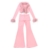 Fongt 2025 Autumn And Winter New Women's Hottie Collar Splicing With Open Shirt Long Sleeve High-Waisted Thigh Horn Trousers Set