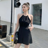 Fongt Pleated Slim Sleeveless Short Wide-Leg Pants With Pocket Jumpsuits-Outfit