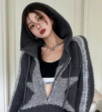 Vintage Women Knitted Set Zip Up Cropped Cardigan Autumn Star Sweater Jackets Hooded Knitted Skirts Casual Two Pieces Sets-Outfit