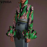 Autumn Women's Blouses Vintage Demin Shirts VONDA 2022 Fashion Pagoda Sleeve Tops Lapel Casual Loose Solid Blusas Femininas