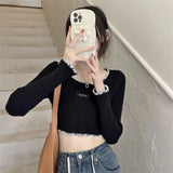 Fongt Back Bottom Top White High-Waisted Short-Sleeved Knitted Shirt Women In Spring And Autumn Strapped Ribbons To A Body-Repair