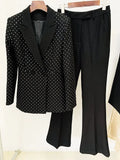 STREET Newest 2023 Designer Runway Suit Set Women's Slim Fitting Diamonds Blazer Flare Pants Suit