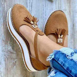 New Women Summer Sandals Fashion Buckle Strap Solid Fringe Cover Heel Flat Platform Heel Casual Ladies Plus Size