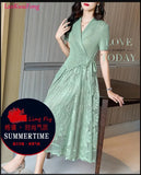 Elegant Commuter Mosaic Midi Pleated Dress Short Sleeve Lapel Elegant Dress Embroidered Mesh Splice Beaded Premium Dress-Outfit