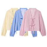 Fongt New Fashion Temperament Bow Striped House Silk Lining Long-Sleeved Shirt 1971160