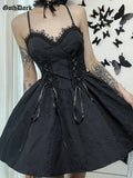 Dark Tie Up Mall Gothic Elegant Women Dresses Grunge Aesthetic Jacquard A-Line Dress Emo Lace Trim Black Party Alt