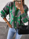 Printed Cardigan Women Autumn Winter 2023 New V Neck Loose Long Sleeve Casual Jumper Tops Button Vintage Knitted Sweater-Outfit