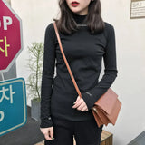 Fongt Spring 2024 Half Turtleneck Jacket Bottom Shirt Women's Letters Embroidered Slim Students Solid Color And Velvet Long Sleeve T-Shirt