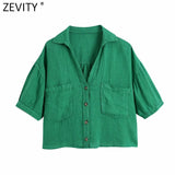 Women Fashion Candy Color Double Pockets Loose Linen Smock Blouse Lady Buttons Short Shirt Chic Kimono Blusas Tops