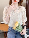 Out Casual Short Sleeve Blouse Loose Elegant O Neck Sweet Tops Summer Lace Women's Blouse Flowers Chiffon Shirts