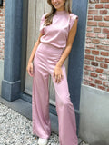 Fongt Summer New Women's Solid Color Straight Collar Sleeveless Loose Sleeves Wide-Legged Jumpsuit