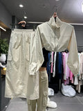 Summer Y2K Two Piece Set Drawstring Loose Jackets Short Female Windproof Coat High Waist Cargo Skirt Big Pocket