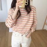 Spring And Autumn Wear Korean Version Of Striped T-Shirt Women's Long Sleeves Loose Leisure Lazy Wind Pure Cotton Student Shirt Trend-Outfit
