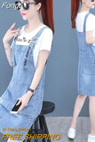 Women's Denim Suspender Dress Spring Summer Loose Student Clothing Big Pocket Adjustable Strap Casual Jean Dress
