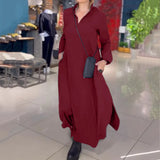 Fongt Summer New Casual Solid Color Loose Thin V Collar Long Sleeve Dress