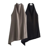 Fongt Women's ZA Hanging Neck Collar Minimalist Asymmetrical Top With Trousers Set