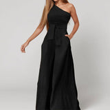 Fongt Women's Dress 2025 New Solid Color Collared Shoulder Tie With High-Waisted Broad-Legged Jumpsuit Woman