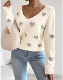 Fongt And Winter Valentine's Day Design Slid Love Embroidery V Collar Sweater Female Top