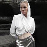 Fongt New Fashion Long Sleeve Cross Strap Design Sense Hood Crop Slim Top T-Shirt Women-Outfit