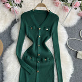 Fongt Button Long Sleeve Dress Autumn And Winter New V Collar Fashion Slim Slit Wrapped Hip Step Skirt-Outfit