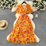 Fongt Summer Dress New Female High-End Feel Strapped Belt V Collar Horn Sleeves Thin Temperament Print Chiffon Dress