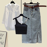 Streetwear Three Pieces Set For Women Slash Neck Vest+long Sleeve Sunscreen Shirt+high Waist Side Split Denim Skirts