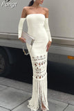 Autumn Knitted Tassel Y2K Clothes Long Sleeve Backless Tube Bodycon Maxi Dress For Women 2023 Club Party Elegant