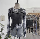 Fongt Shooting Tie-Dye Print Spliced Denim T-Shirt Girl Autumn Design Sense Irregular Hair Side Short-Sleeved Top 2617