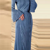 Fongt 2024 New Solid Color Horn Sleeve Thread Belt Collect Waist Style Long Sleeve Dress-Outfit