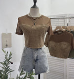 Fongt Summer Denim Splicing Mesh Yarn Short-Sleeved T-Shirt Design Fake Two Hot Girl Short Top 26231