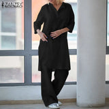 Women Autumn Suits Fashion Solid 3/4 Sleeve Matching SetsWide Leg Trousers Cotton Pant Sets Oversize Casual Loose