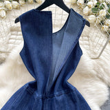 Fongt Small Fashion Sleeker-Less Round-Necked Denim Dress Women's Summer Waists Thin Temperament 100-Folded Vest Dress